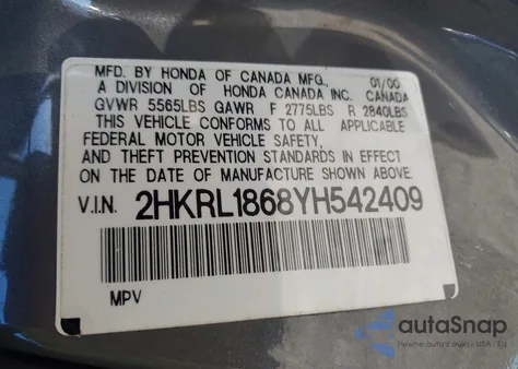 2000 Honda Odyssey Ex from USA, damaged, VIN 2HKRL1868YH542409